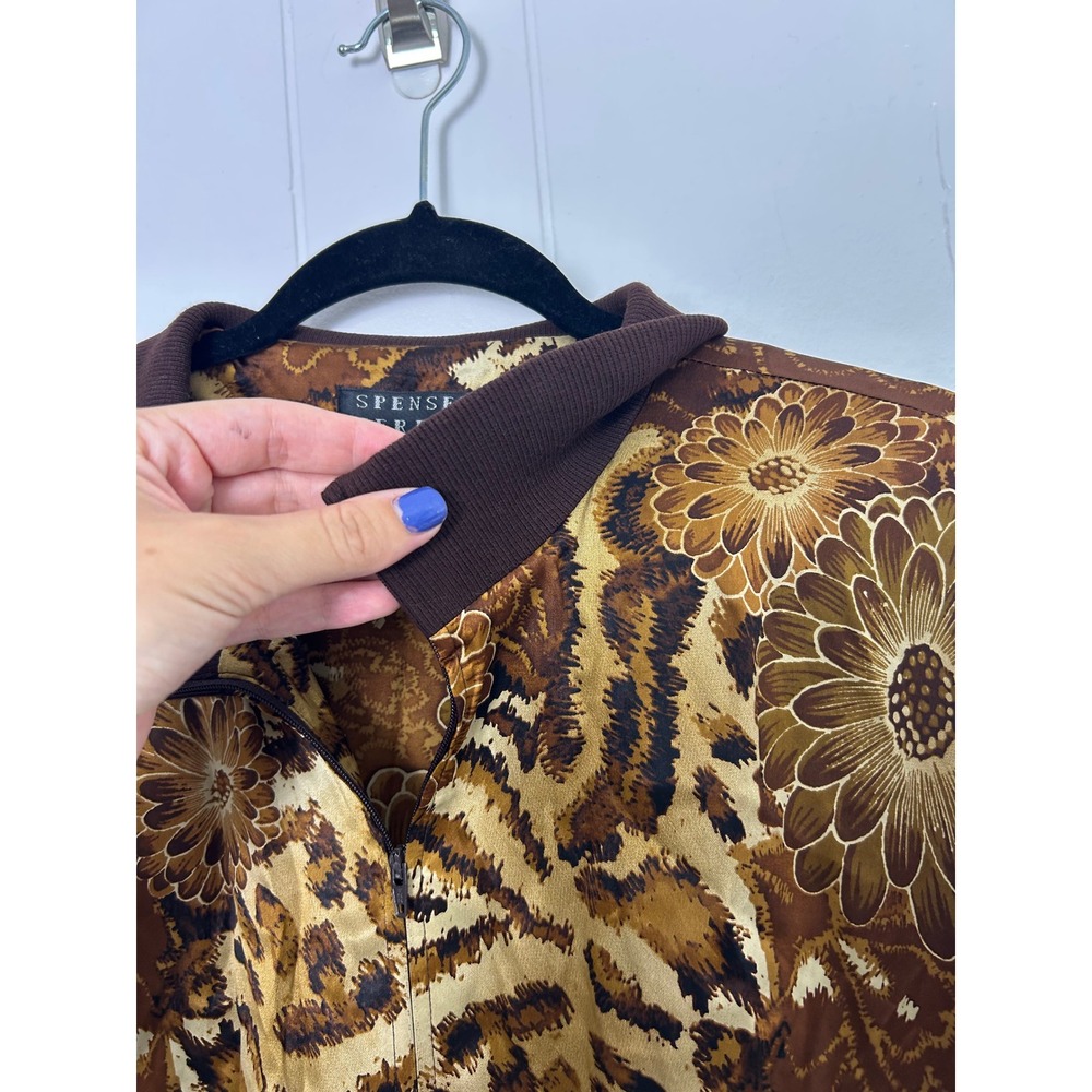 Spenser Jeremy 100% Silk Jacket 1X Brown Leopard Floral Bomber Mob Wife vintage - Picture 6 of 8
